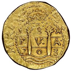 Lima, Peru, cob 8 escudos, 1703H, rare, NGC AU 55, ex-1715 Fleet (designated on special label)