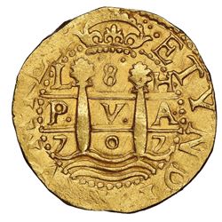 Lima, Peru, cob 8 escudos, 1707H, rare, NGC MS 63 ("top pop"), ex-1715 Fleet (designated on special