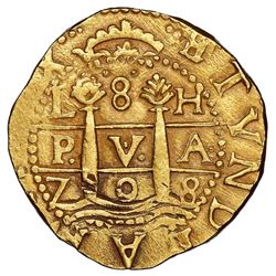 Lima, Peru, cob 8 escudos, 1708H, NGC AU 55, ex-1715 Fleet (designated on special label).
