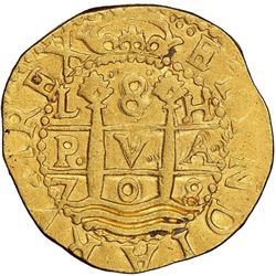 Lima, Peru, cob 8 escudos, 1708H, NGC AU 50, ex-1715 Fleet (designated on special label).