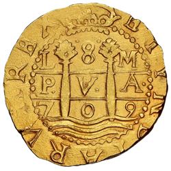 Lima, Peru, cob 8 escudos, 1709M, NGC MS 63, ex-1715 Fleet (designated on special label).