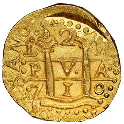 Lima, Peru, cob 2 escudos, 1710H, NGC MS 65, finest known in NGC census, ex-1715 Fleet (designated o