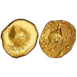 Gold disk, 216.4 grams, marked XIX-dot (19-1/4K), ex-1715 Fleet (Fisher certified).