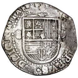 Seville, Spain, cob 8 reales, Philip II, assayer Gothic D at 4 o'clock outside tressure on reverse,