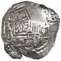 Potosi, Bolivia, cob 8 reales, Philip III, assayer R (curved leg), Grade 2.