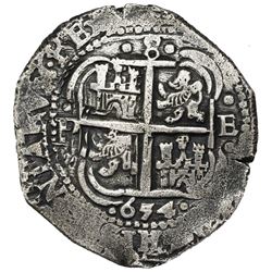 Potosi, Bolivia, cob 8 reales, 1654E, dot-PH-dot at top, denomination 8 above cross.