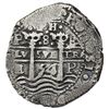 Image 2 : Potosi, Bolivia, cob 8 reales, 1654E, dot-PH-dot at top, denomination 8 above cross.