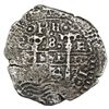 Image 2 : Potosi, Bolivia, cob 8 reales, 1654E, dot-PH-dot at top, denomination 8 above cross.
