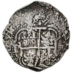 Potosi, Bolivia, cob 8 reales, 1654E, dot-PH-dot at top, pomegranate above cross.