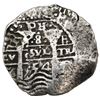 Image 2 : Potosi, Bolivia, cob 8 reales, 1654E, dot-PH-dot at top, pomegranate above cross.