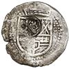 Image 1 : Potosi, Bolivia, cob 8 reales, (16)49O, with crowned-dot-F-dot (two dots) countermark on shield.