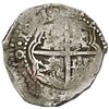 Image 2 : Potosi, Bolivia, cob 8 reales, 1651E/O, with crowned-dot-F-dot countermark on shield.