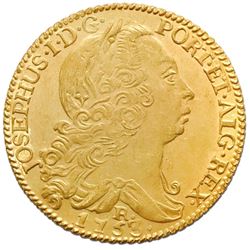 Brazil (Rio mint), gold 6400 reis, Jose I, 1753-R, NGC UNC details / saltwater damage / Clive of Ind