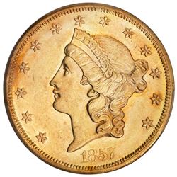 USA (San Francisco mint), gold $20 Coronet Liberty  double eagle,  1857-S, no serif, high S, PCGS AU