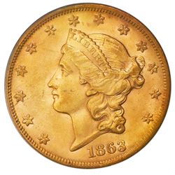 USA (San Francisco Mint), gold $20 Coronet Liberty "double eagle," 1863-S, PCGS AU58 / Brother Jonat