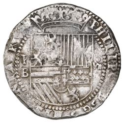 Potosi, Bolivia, cob 8 reales, Philip II, assayer B (2nd period), king's name misspelled as PHILPPVS