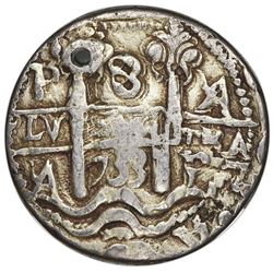 Potosi, Bolivia, cob 8 reales Royal (galano), 1733YA, very rare, NGC VF details / holed, plated.