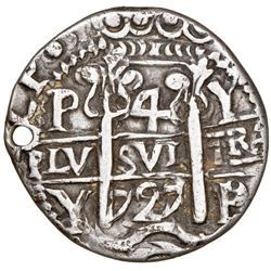 Potosi, Bolivia, cob 4 reales Royal (galano), 1727/6Y, Louis I, extremely rare, NGC XF details / hol
