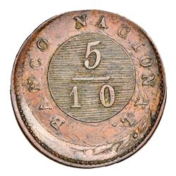 Buenos Aires, Argentina, copper 5/10 real, 1827, struck more than 15% off-center on an 1822 1 decimo