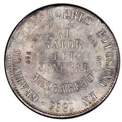 Potosi, Bolivia, medallic 1 melgarejo, 1865FP, PCGS AU55, ex-Whittier.