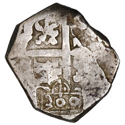 Brazil, 300 reis, crowned-300 countermark (1663) on cross side of a Seville, Spain, cob 4 reales, Ph