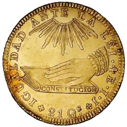 Santiago, Chile, gold 4 escudos, 1836IJ,  hand on book. 