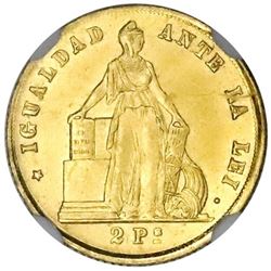 Santiago, Chile, gold 2 pesos, 1875, NGC MS 65, finest known in NGC census.