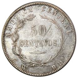 Costa Rica, 50 centavos, 1887GW, CB inside bow, rare, PCGS XF45.