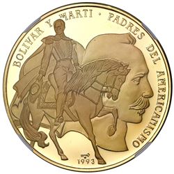Cuba, gold proof 100 pesos, 1993, Bolivar and Marti, without outlined horse, NGC PF 69 Ultra Cameo (
