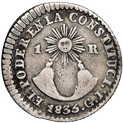Quito, Ecuador, 1 real, 1835GJ, NGC VF details / cleaned.