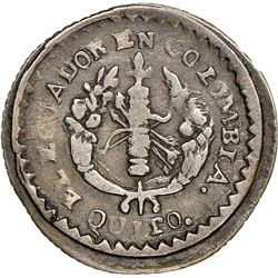 Quito, Ecuador, 1/2 real, 1833/2GJ, denomination oM-R, NGC VF 30, finest and only example in NGC cen