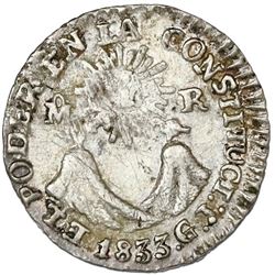 Quito, Ecuador, 1/2 real, 1833GJ, denomination oM-R (medio real), NGC XF details / cleaned.