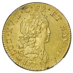 France (Paris mint), gold double Louis d'or, Louis XV, 1724-A, NGC UNC details / saltwater damage.