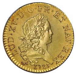 France (Paris mint), gold Louis d'or, Louis XV, 1723-A, palm-branch type, NGC UNC details / saltwate