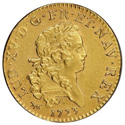 France (Paris mint), gold Louis d'or, Louis XV, 1723-A, palm-branch type, NGC AU details / saltwater