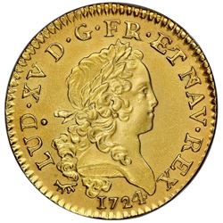 France (Paris mint), gold Louis d'or, Louis XV, 1724-A, NGC UNC details / saltwater damage.