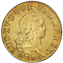 France (Lyon mint), gold Louis d'or, Louis XV, 1724-D, NGC UNC details / saltwater damage.