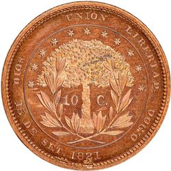 Honduras (struck at the Philadelphia mint), copper proof 10 centavos pattern, 1871, plain edge, rare
