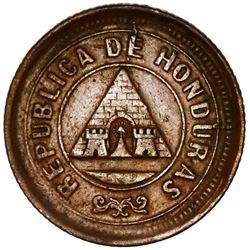 Honduras, bronze 1 centavo, 1893/83, denomination UN/10, no wreath, NGC AU 55 BN, ex-O'Brien.