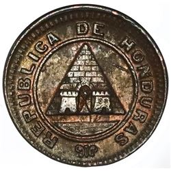 Honduras, bronze 1 centavo, 1910, 1/2 centavo obverse with modified 5 centavos reverse, NGC UNC deta