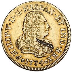 Mexico City, Mexico, bust 4 escudos, Philip V, 1734MF/F (unlisted), with six embedded diamonds.