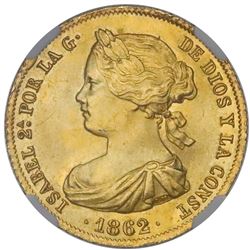 Madrid, Spain, gold 100 reales, Isabel II, 1862, NGC MS 66, "top pop."