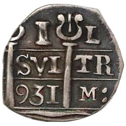 Caracas, Venezuela, provisional "imitation cob" 1 real, fantasy date "931" (ca. 1813), quadrants of
