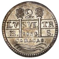 Caracas, Venezuela, 2 reales, dated 1818-BS, florets flanking cross (struck in 1830 under Gran Colom