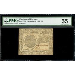 United Colonies, Continental Congress, $7, Nov. 2, 1776, serial 37212, PMG AU 55.
