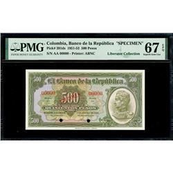 Bogota, Colombia, Banco de la Republica, 500 pesos oro specimen, 1-1-1951, series AA, PMG Superb Gem