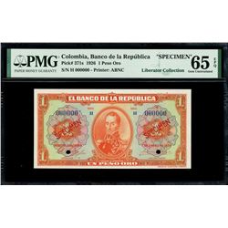 Bogota, Colombia, Banco de la Republica, 1 peso oro specimen, 1-1-1926, series H, PMG Gem UNC 65 EPQ