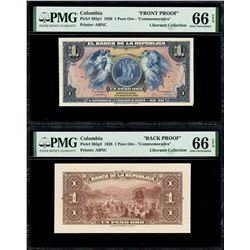 Bogota, Colombia, Banco de la Republica, 1 peso oro front and back proofs, 6-8-1938, PMG Gem UNC 66
