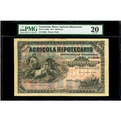 Guatemala, Banco Agricola Hipotecario, 500 pesos, 1-6-1917, serial 5099, very rare, PMG VF 20, fines