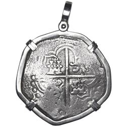 Potosi, Bolivia, cob 8 reales, Philip III, assayer T, Grade 1, ex-Atocha (1622), mounted cross-side